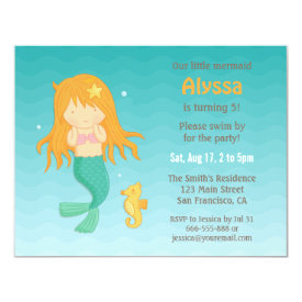 Cute Seahorse and Mermaid Girls Birthday Party 4.25x5.5 Paper Invitation Card
