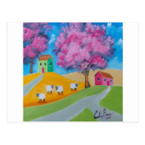 Cute sheep colorful folk art picture postcards