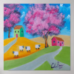 Cute sheep colorful folk art picture poster