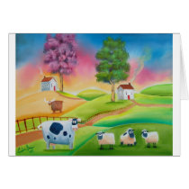 Cute sheep cows folk art naive painting G Bruce Cards