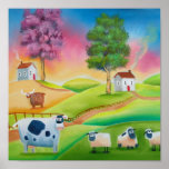 Cute sheep cows folk art naive painting G Bruce Poster