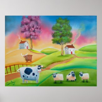 Cute sheep cows folk art naive painting G Bruce Print