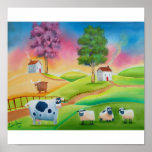 Cute sheep cows folk art naive painting G Bruce Print