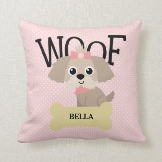 Cute Shih Tzu Puppy Dog on Pink Polka Dots Pillow