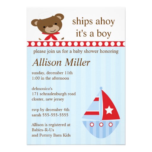 Cute Ships Ahoy Sailboat Boy Baby Shower Announcement (front side)