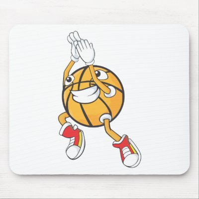 A cartoon illustration of a cute basketball character jumping, making a jump 