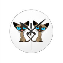Cute Siamese Cats Tail Heart Round Wall Clock