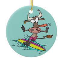 cute silly surfing surfer cow cartoon christmas tree ornament