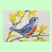Cute Singing Blue Bird Tree Branch kitchen towels