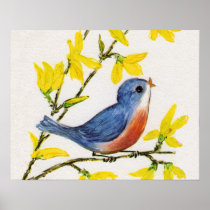 Cute Singing Blue Bird Tree Posters