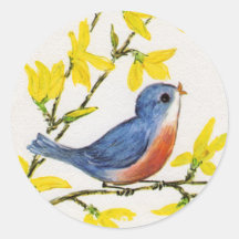 Cute Singing Blue Bird Tree Round Sticker