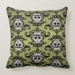 Cute skull on black and green damask Halloween Throw Pillows