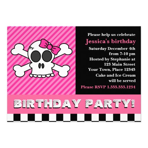 Cute Skull w/ Bow Birthday Party - Pink Custom Invitation