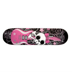 Cute Skull with Pink Guitar Skate Board Deck