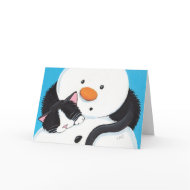 Cute Sleepy Tuxedo Cat & Snowman Christmas Card