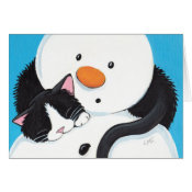 Cute Sleepy Tuxedo Cat and Snowman Christmas Card