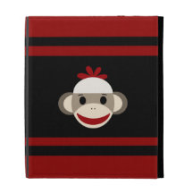 Cute Smiling Sock Monkey Face on Red Black iPad Folio Cases