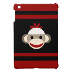 Cute Smiling Sock Monkey Face on Red Black Cover For The iPad Mini