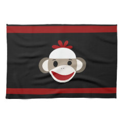 Cute Smiling Sock Monkey Face on Red Black Hand Towel