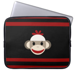 Cute Smiling Sock Monkey Face on Red Black Computer Sleeves