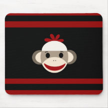 Cute Smiling Sock Monkey Face on Red Black Mouse Pads