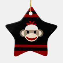 Cute Smiling Sock Monkey Face on Red Black Christmas Tree Ornaments