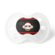 Cute Smiling Sock Monkey Face on Red Black Pacifiers