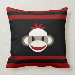 Cute Smiling Sock Monkey Face on Red Black Throw Pillow