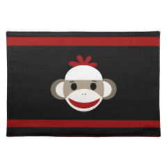 Cute Smiling Sock Monkey Face on Red Black Place Mat