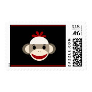 Cute Smiling Sock Monkey Face on Red Black Postage Stamp