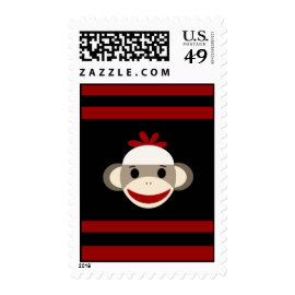 Cute Smiling Sock Monkey Face on Red Black Stamps