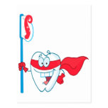 Cute Smiling Superhero Tooth With Toothbrush Post Cards