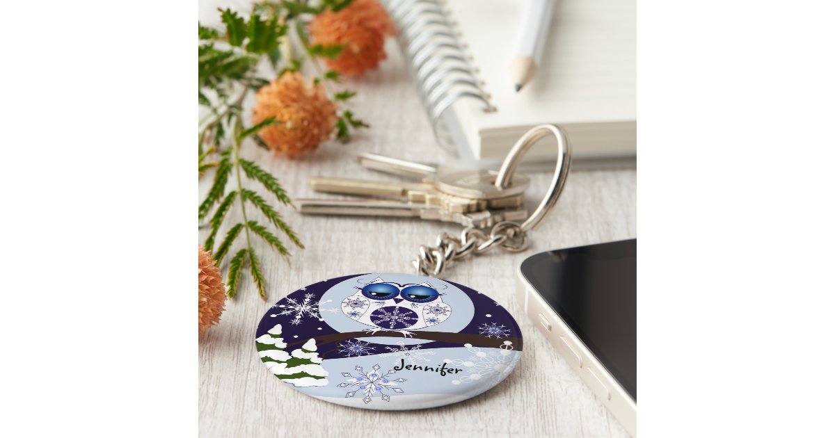 cute-snow-owl-custom-name-keychain-zazzle