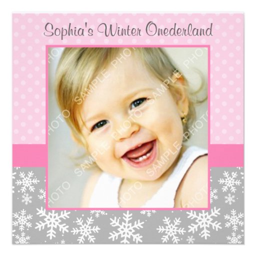 Cute Snowflakes Winter Onederland Photo Pink Gray Invites