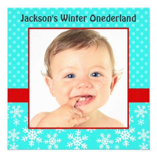Cute Snowflakes Winter Onederland Photo Teal Red Invites (front side)
