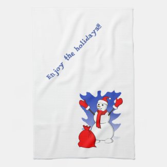 Cute snowman with red gloves and snowflakes kitchen towel