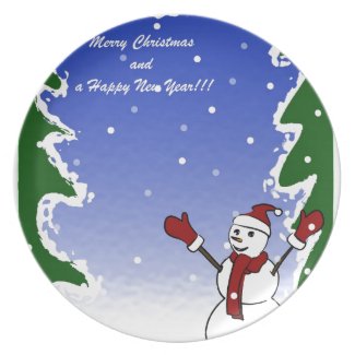 Cute snowman with red gloves and snowflakes dinner plate