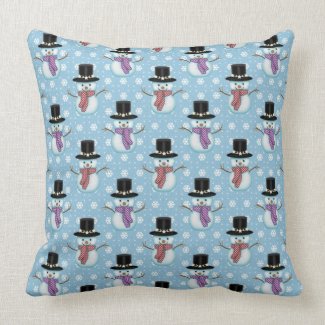 Cute Snowmen on Pale Blue Pattern Throw Pillows