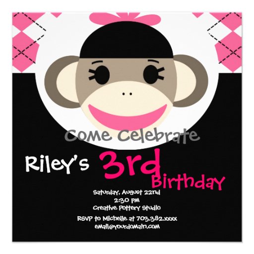 Cute Sock Monkey Birthday Invitations Pink Argyle
