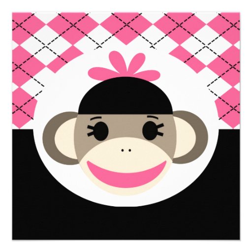 Cute Sock Monkey Birthday Invitations Pink Argyle