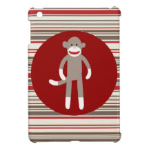 Cute Sock Monkey on Red Circle Red Brown Stripes iPad Mini Covers