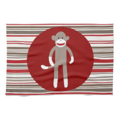 Cute Sock Monkey on Red Circle Red Brown Stripes Kitchen Towels