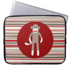 Cute Sock Monkey on Red Circle Red Brown Stripes Computer Sleeve