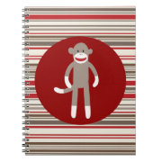 Cute Sock Monkey on Red Circle Red Brown Stripes Note Book