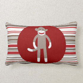 Cute Sock Monkey on Red Circle Red Brown Stripes Throw Pillows