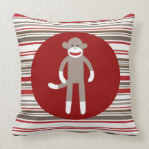 Cute Sock Monkey on Red Circle Red Brown Stripes Pillow