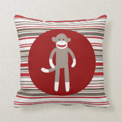 Cute Sock Monkey on Red Circle Red Brown Stripes Pillow