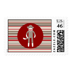 Cute Sock Monkey on Red Circle Red Brown Stripes Postage Stamp