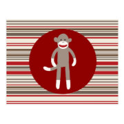 Cute Sock Monkey on Red Circle Red Brown Stripes Postcard