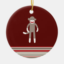 Cute Sock Monkey on Red with Stripes Christmas Tree Ornaments